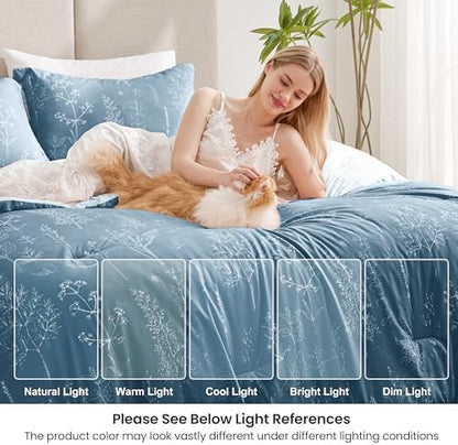 Love's cabin Bluish Grey Twin Comforter Set - Twin XL Size Comforter Set Dorm Bedding, 2 Pieces Cute Floral Bedding, Reversible Flowers Comforter, 1 Comforter & 1 Pillow Sham