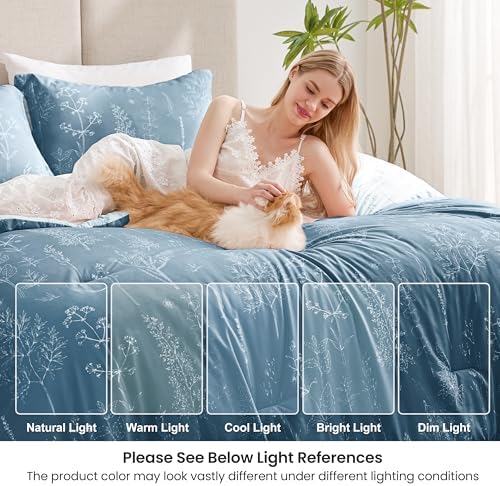 Love's cabin Bluish Grey Comforter Set Queen - Queen Size Comforter Set, 3 Pieces Cute Floral Bedding Sets for All Seasons,1 Soft Reversible Botanical Flowers Comforter and 2 Pillow Shams