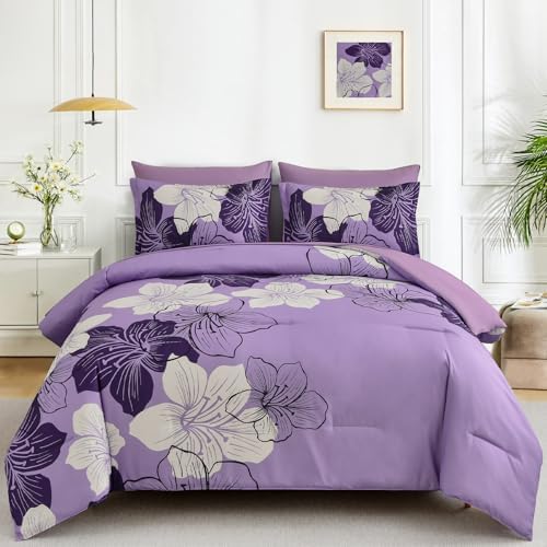 Luxudecor Floral Comforter Set Queen, 7 Pieces Lavender Purple Bedding Set