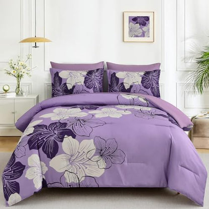 Luxudecor Floral Comforter Set Queen, 7 Pieces Lavender Purple Bedding Set