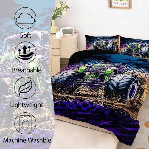 AILONEN Twin Comforter Set 3 Piece, Purple Green Off Road Truck 3D Printed Bedding with 2 Pillowcases, Soft Lightweight Microfiber Mud Trail Decor for Compact Bedroom