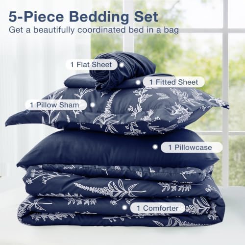 MUXHOMO Navy Blue Twin Comforter Set, Elegant Floral Print Bed in a Bag 5 Pieces, Ultra Soft & Breathable Reversible Botanical Pattern Bedding Set with Comforter, Sheets, Pillowcase, and Sham