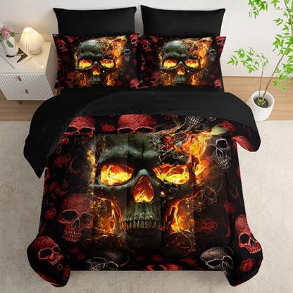 AILONEN 7-Piece Fire Skull Comforter Sets Queen Size,3D Skeleton Bedding Set for Kids Boys Teens,Fiery Style Black Tint Comforter & Fitted Sheet with Flat Sheet & 2 Pillowcases,2 Pillow Shams