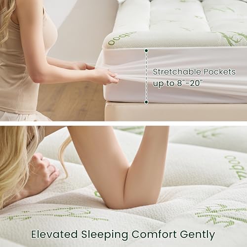 Love's cabin Full Size Mattress Topper Viscose Derived from Bamboo, Thick Pillow Top Mattress Pad with Stretchable Pockets for 8"-20" Mattress, Soft Cooling Mattress Topper for Hot Sleepers, Green