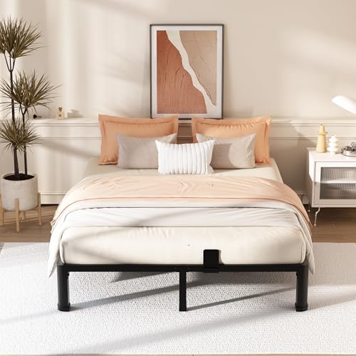FUIOBYVV 10 Inch Queen Bed Frame with Rounded Corner and Headboard Hole Mattress Retainers 3500 LBS Metal Heavy Duty Steel Slats Support No Box Spring Needed Platform Noise Free Easy Assembly