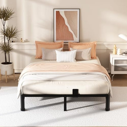 FUIOBYVV 10 Inch Queen Bed Frame with Rounded Corner and Headboard Hole Mattress Retainers 3500 LBS Metal Heavy Duty Steel Slats Support No Box Spring Needed Platform Noise Free Easy Assembly