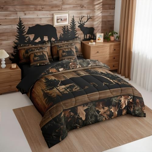 Erosebridal Farmhouse Black Bear Queen Comforter Set with Sheets 7 Piece Rustic Camo Bed in A Bag Country Cabin Lodge Bedding Sets for Kids Adults,Woodland Animal Bed Set