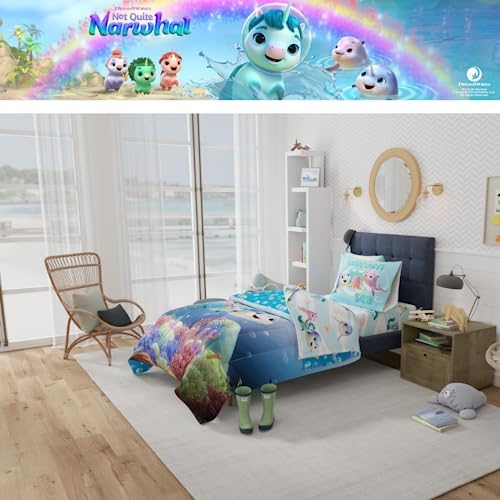 DreamWorks Not Quite Narwhal Kids Bedding Super Soft Comforter and Sheet Set, 4 Piece Twin Size, (Official Licensed Product) by Franco