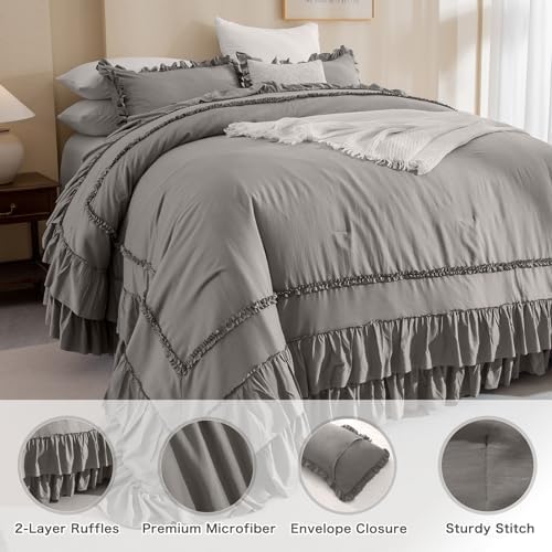 Masaca Grey Oversized King Comforter 120x120,Farmhouse Shabby Boho Chic Gray Ruffled California King Comforter Oversized,Vintage French Country Bedding Comforter with Ruffles for All Season