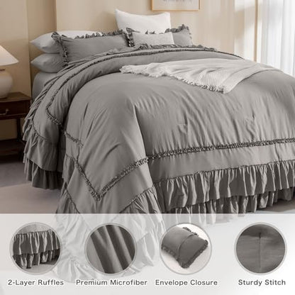 Masaca Grey Oversized King Comforter 120x120,Farmhouse Shabby Boho Chic Gray Ruffled California King Comforter Oversized,Vintage French Country Bedding Comforter with Ruffles for All Season