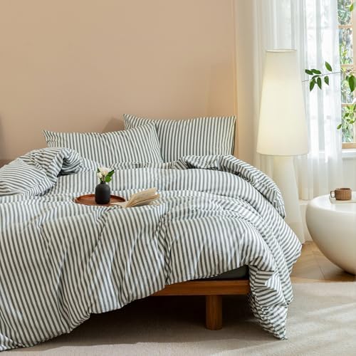 JIYUAN Oversized King Washed Cotton Duvet Cover Set, Linen-Like Stripe