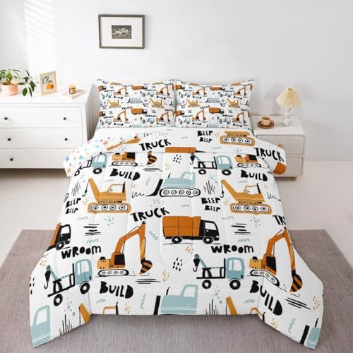 Feelyou Cartoon Car Kids Comforter Cute Excavator Tractor Comforter Set Boys Construction Bedding Set Vehicles Truck Cars Duvet Set Building Equipment Quilt Colorful Decor King Size 3Pcs Boys