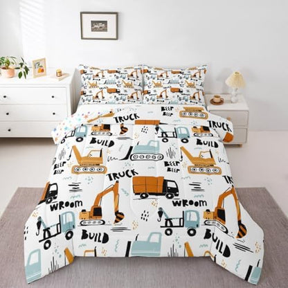 Feelyou Cartoon Car Kids Comforter Cute Excavator Tractor Comforter Set Boys Construction Bedding Set Vehicles Truck Cars Duvet Set Building Equipment Quilt Colorful Decor King Size 3Pcs Boys