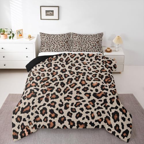 jejeloiu Leopard Bedding Set Soft for Boys Girls, Animal Skin Comforter Set King Size Animal Print Duvet Quilt Microfiber Bedroom Decor 3 Pcs with 2 Pillow Cases
