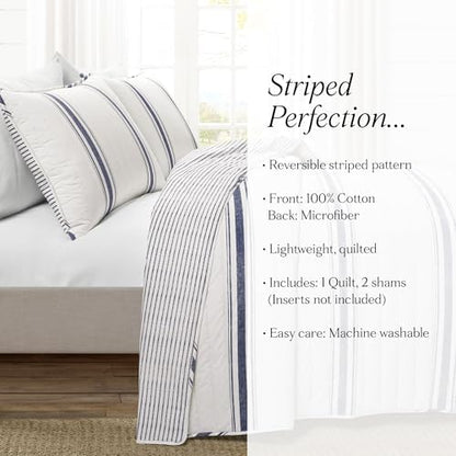 Lush Decor Farmhouse Stripe Reversible Cotton Quilt California King Size 3 Piece Set Navy - Farmhouse Bedding Set - Cal King Quilt - Striped Bedding