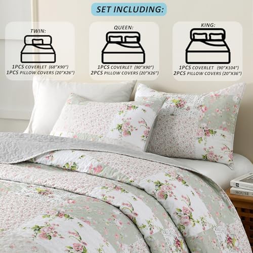 HIARUO Quilt Set Queen Size 3 Pieces Floral Patchwork Comforter Bedspread Boho Plaid Coverlet Reversible Lightweight Farmhouse Bedding with 2 Pillow Covers Shams for All Season, Green Pink