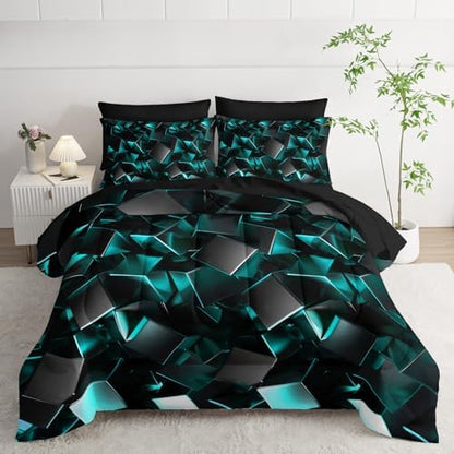 Nttopship Turquoise Black Geometric Comforter Set Queen Size 7PCS,Abstract Triangular Printed Bedding Set for Adults,Geometric Mordern Art Decor All Seasons with Pillowcases,Flat, Fitted Sheet