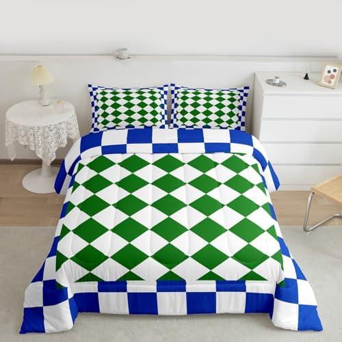 Feelyou Checkered Geometric Bedding Set for Boys Girls Blue Green Plaid Comforter Set Toddler Size Checkerboard Modern Aesthetic Duvet Quilt Reversible Grey Bedroom Decor 2 Pcs with 1 Pillow Cases