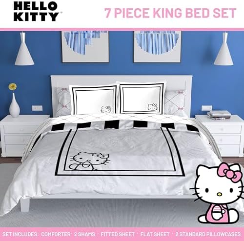 Sanrio Hello Kitty King Comforter Set 7 Piece Bedding for Girls, White