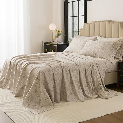 FADFAY Full Size Percale Cotton Sheets Set – 4-Piece Vintage Botanical Floral Bedding, Soft & Breathable, Deep Pocket Fitted Sheet, French Country Style
