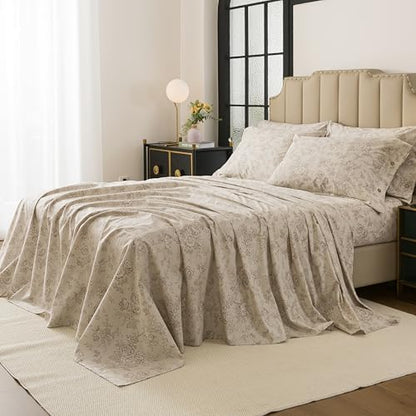 FADFAY Full Size Percale Cotton Sheets Set – 4-Piece Vintage Botanical Floral Bedding, Soft & Breathable, Deep Pocket Fitted Sheet, French Country Style