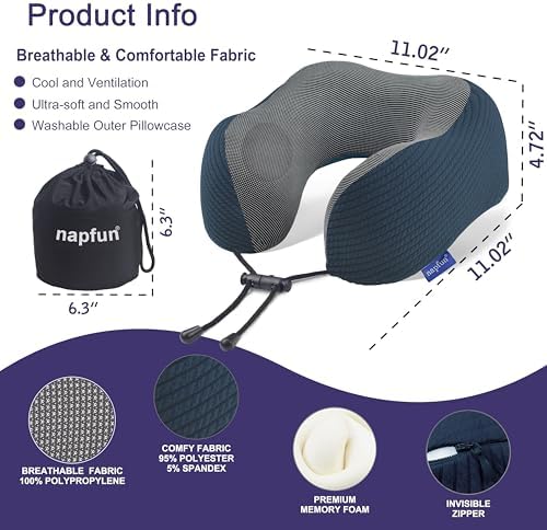 napfun Neck Pillow for Travel, Memory Foam Airplane Pillow, Deep Blue