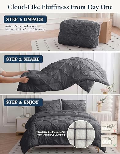 LANE LINEN 7 Piece California King Bed in a Bag Microfiber Pintuck - Grey