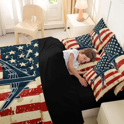 Erosebridal 7 Pcs American Flag Airplane Comforter Set Queen Military Airplane Bedding Set with Sheets for Boys Kids Teens Men Vintage Patriotic Bed in A Bag Navy Plane Bed Sets for Aviation Lovers
