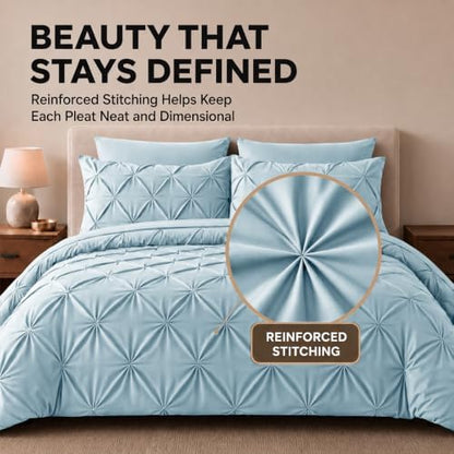 HIMEET Twin XL Comforter Set Light Blue - 5 Pieces Pintuck Bed in a Bag