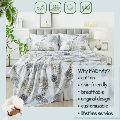 FADFAY Queen Sheets Set Percale Cotton Grey Floral Bed Sheets Deep Pocket Fitted Sheet, Luxury Ink Vintage Grey Hydrangea Printed Shabby White Bedding for All Season, Super Soft Crisp & Cool, 4 Pcs