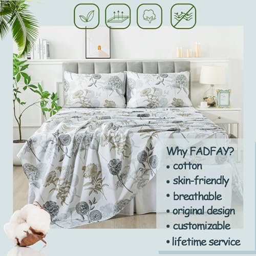 FADFAY Twin XL Floral Sheets for College Percale Cotton Ink Grey Floral Sheets Hydrangea Patterned Bed Sheet Shabby Vintage Chic Bedding Dorm Room Soft Crisp & Cool Deep Pocket Fitted Sheet, 4Pc
