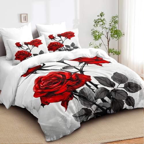 CCoutueChen Floral Comforter Set Red Rose Green Botanical Bedding King