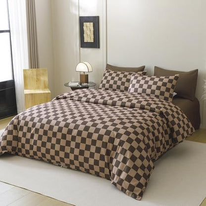 Wellboo Brown Plaid Comforter Sets California King Dark Brown and Cream Coffee Checkerboard Grid Bedding Comforters Cal King Women Men Taupe Checkered Geometric Quilts Soft Luxury Brown Abstract Bed