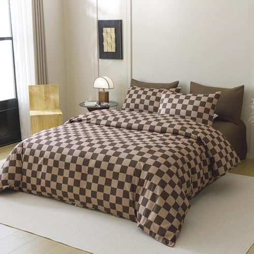 Wellboo Brown Plaid Comforter Sets Twin Size Dark Brown and Cream Coffee Checkerboard Grid Bedding Comforters Cotton Women Men Modern Taupe Checkered Geometric Quilts Soft Luxury Brown Abstract Bed