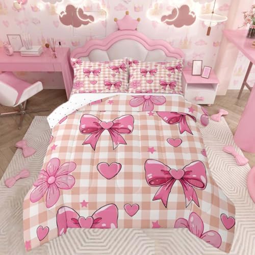 jejeloiu Checkerboard Bowknot Bedding Set Soft for Boys Girls, Pink Bow Comforter Set King Size Plaid Duvet Quilt Microfiber Bedroom Decor 3 Pcs with 2 Pillow Cases