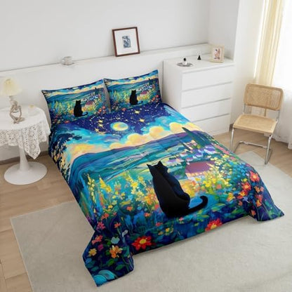 Black Cat Flower Comforter Set Queen Size,Star Moon Blossom Floral Bedding Set for Kids Girls Boys Adults Room Decor,Rustic Style Night Scenery Duvet Insert 3Pcs,Wild Animal Quilt Set,2 Pillowcases