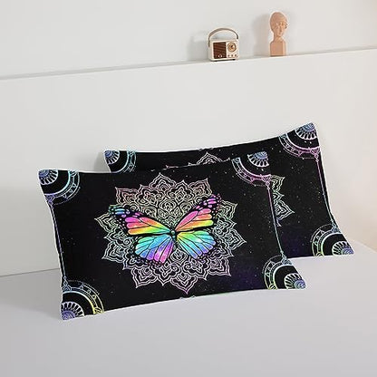 HOSIMA Butterfly Bedding for Girls,Mandala Bed in a Bag Queen Comforter Set - Colorful Butterfly Design,Galaxy Bedding Set for Beds,Microfiber Star Comforter with 2 Pillowcases,Dorm Room Essentials.