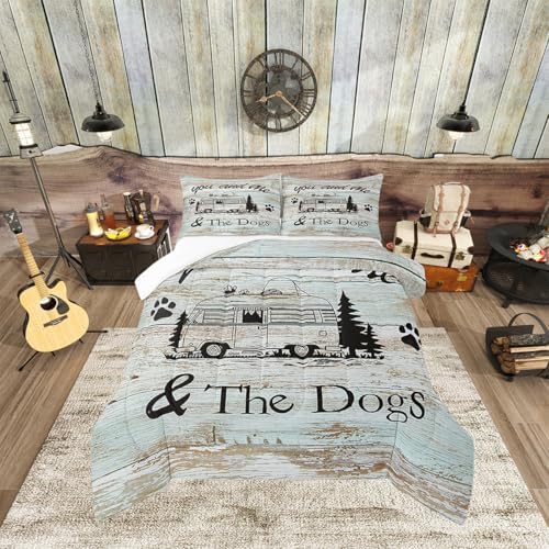 Manfei Happy Camping Comforter Set King Size, Camper Truck Bedding Set 3pcs for Kids Boy Girls Room Decor, Adventure Theme Dog Lover Quilt Set Rustic Farmhouse Duvet Set with 2 Pillowcases