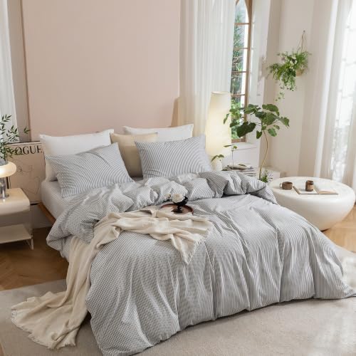 JIYUAN Oversized King Washed Cotton Duvet Cover Set, Linen-Like Pinstripe