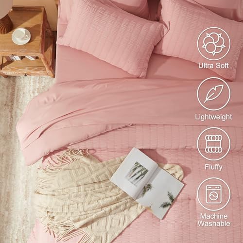 Laojin Balhen Full Size Comforter Sets 7 Pieces, Pink Seersucker Bed in a Bag Set Full Size, All Season Luxury Bedding Sets with Comforter, Sheets, Pillowcase & Sham