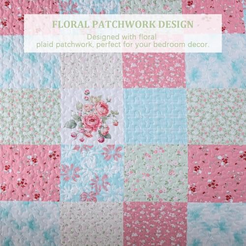 Mybedsoul Boho Quilts Queen Size, Patchwork Bedding Set, Blue Pink