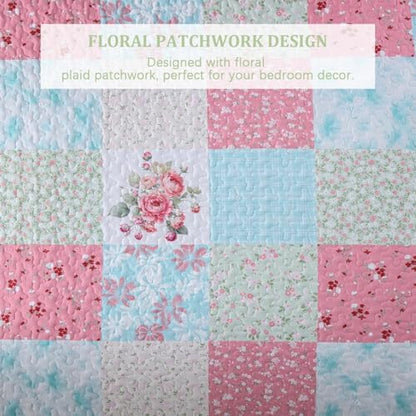 Mybedsoul Boho Quilts Queen Size, Patchwork Bedding Set, Blue Pink