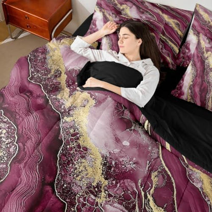 Erosebridal Marble Texture Bedding Set for Kids Teens,Golden Marble Grain Comforter Set Twin Size,Retro Artwork (Comforter+Fitted+Flat Sheet+2 Pillowcases+2 Throw Pillow Covers) 7 Pieces Bed Set