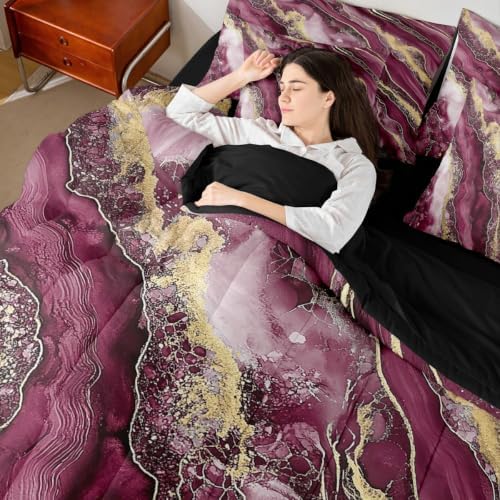Erosebridal Marble Texture Bedding Set for Kids Teens,Golden Marble Grain Comforter Set King Size,Retro Artwork (Comforter+Fitted+Flat Sheet+2 Pillowcases+2 Throw Pillow Covers) 7 Pieces Bed Set