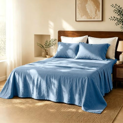 MEISHANG 100% French Linen Sheets King,4 Pcs,18-24" Extra Deep Pocket