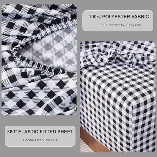 Gingham Full Sheet Set, Lightweight Super Soft Brushed Microfiber Plaid Bed Sheets with 16" Deep Pocket, 4 Piece Ruffle Farmhouse Bedroom Decor, Black