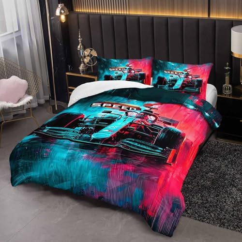 Race Car Comforter Full Size,Race Car Kids Comforter Set,3Pcs Bedding Set Printed Comforter with 2 Pillowcases,Down Alternative,Soft and Lightweight,for All Seasons