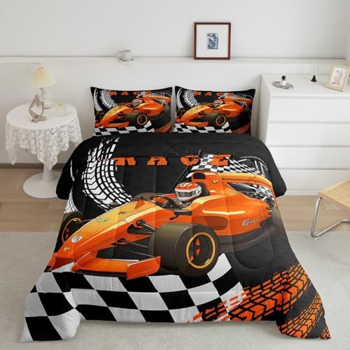 Go Kart Toddler Race Car Bed for Boys,Black and White Buffalo Checked Drift Kart Comforter Set Toddler Bedding Set,Square Grid Plaid Lattice Quilt,Orange Karting Extreme Sport Duvet Insert King