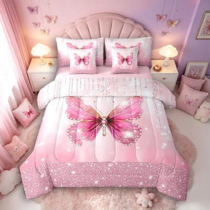 Feelyou Butterfly Comforter Set King Size 7 Pieces Dreamy Princess Bedding