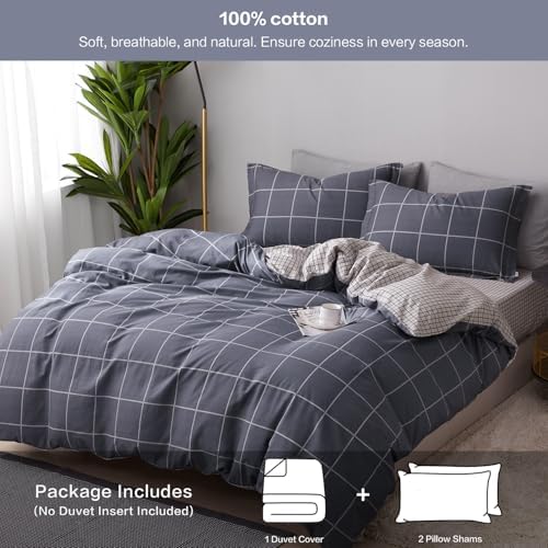 SAPHREAS Gray Plaid Geometric Duvet Cover Set King Size 3pcs Dark Grey Grid Cotton Bedding Comforter Cover Set 1 Duvet Cover 2 Pillow Shams